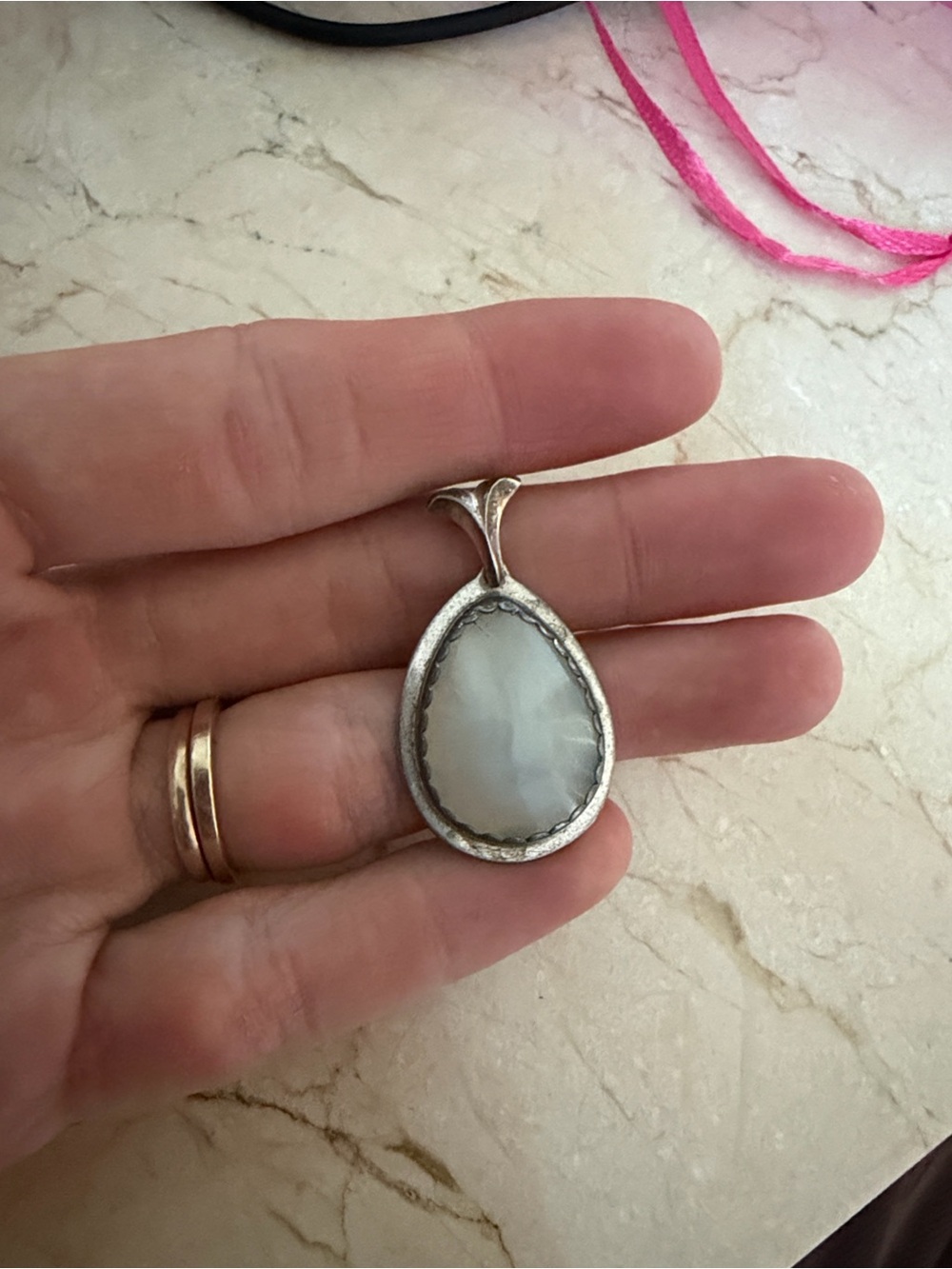 Vintage JAK Southwestern Sterling Silver 925 White Agate Chalcedony Tear Pendant